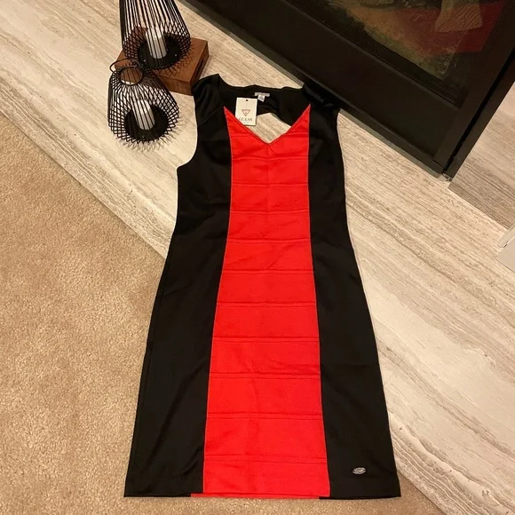 NWT GUESS Bodycon Dress - Black and Red Orange - Picture 3 of 9